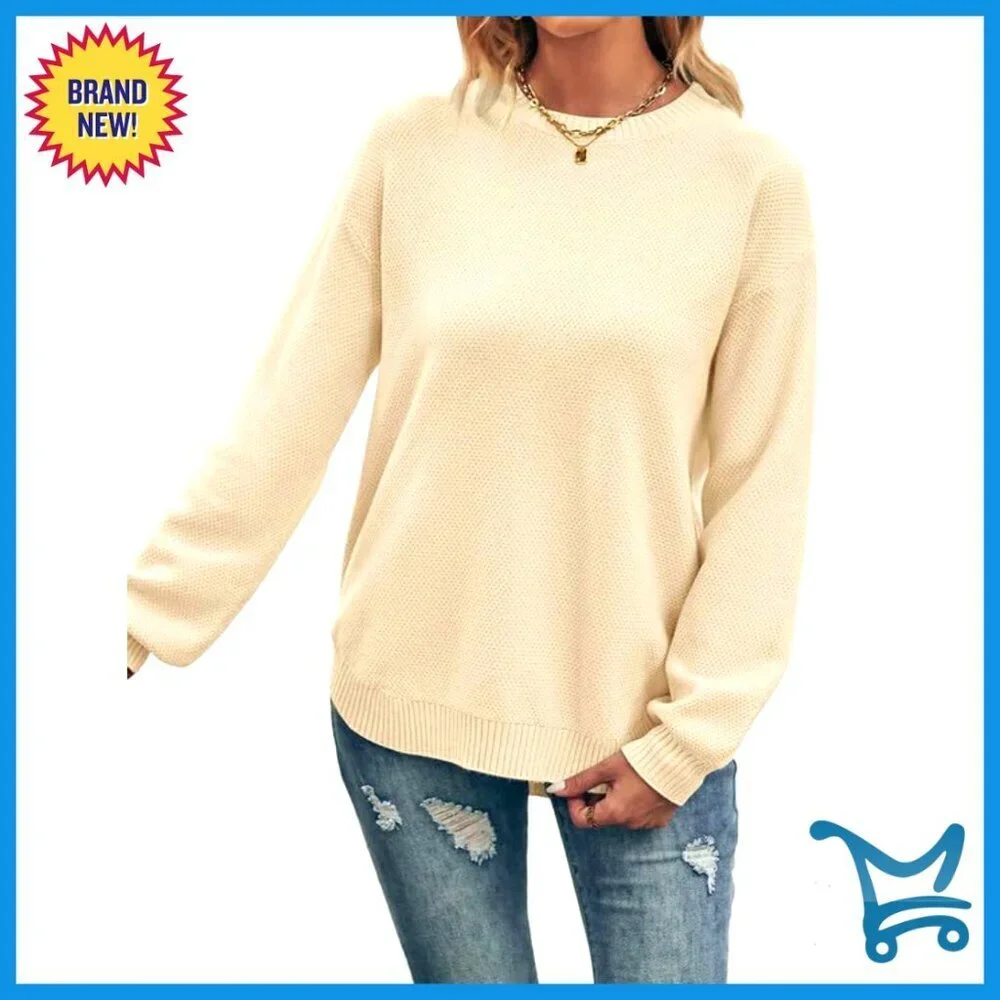 Oversized Waffle Knit Pullover Cozy Casual Loose Fit Modern Side Split